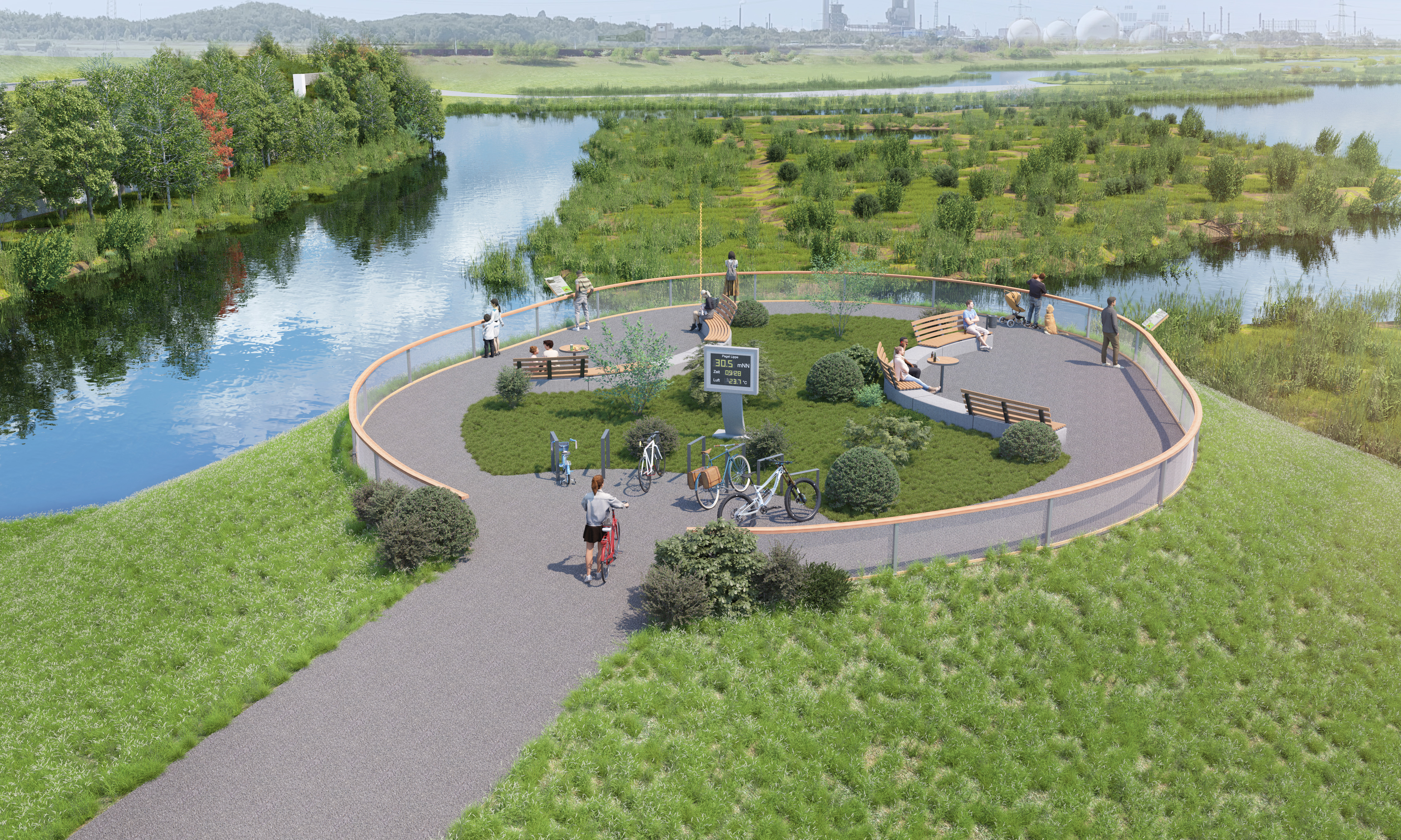 Visualisierung eines gestalteten Aussichtspunkts in der Lippeaue mit Sitzbänken, Fahrradabstellplätzen und einer Informationstafel, umgeben von Fluss- und Auenlebensräumen.